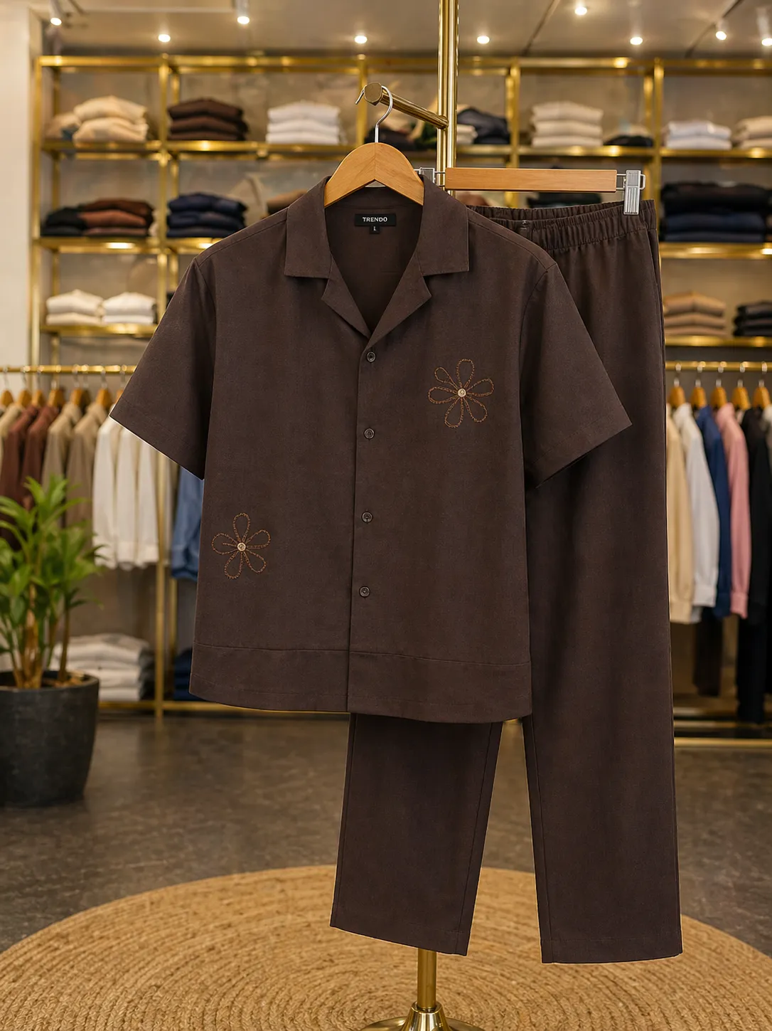 Men's Brown Premium Floral Embroidered Co-Ord Set